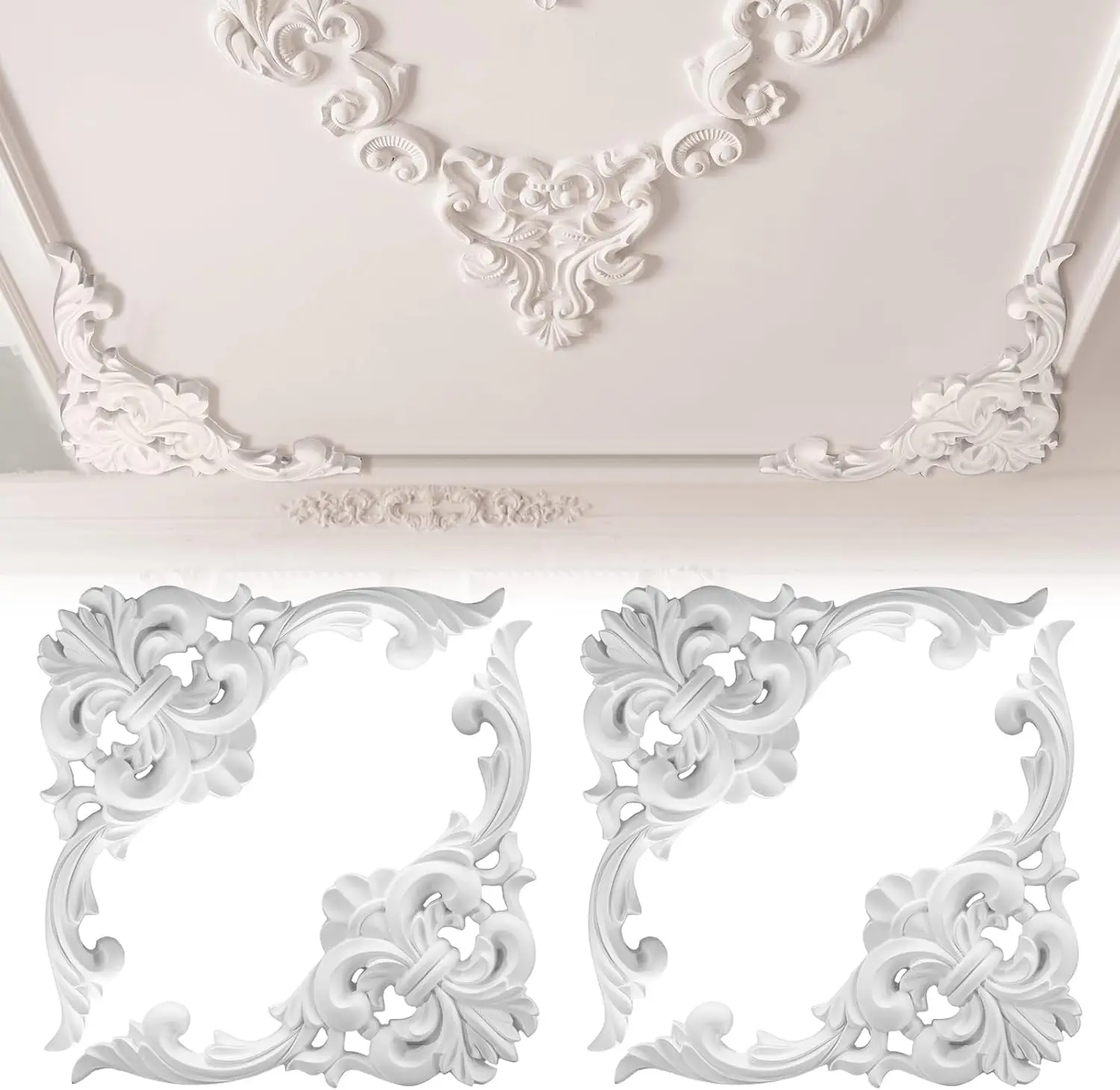 PU Ceiling Molding Kit Corner Mural Trim Accent Wall Decor for Medallion Ceiling with Baroque Floral Carving Wall Panels