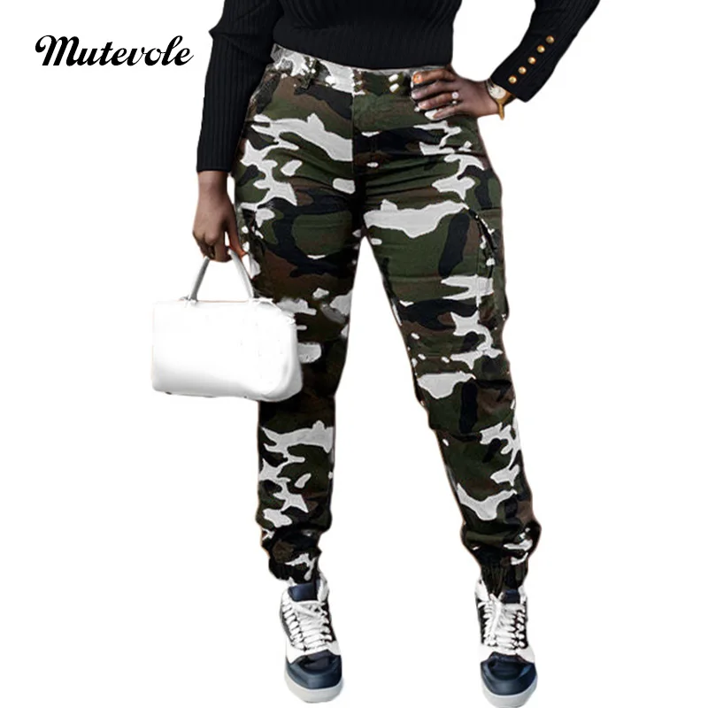 Mutevole Camouflage Cargo Pants Sweatpants Women Slim Fit Green Pencil Pants Button Pocket Jogger Trousers