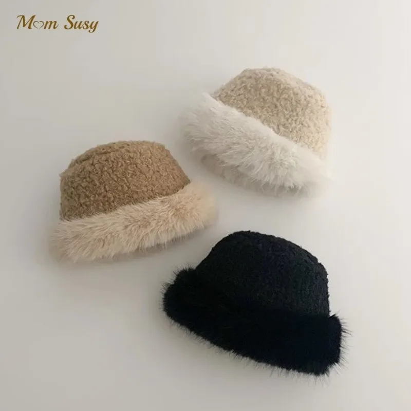 

Fashion Baby Girl Boy Lamb Plush Cap Faux Fur Winter Toddler Child Warm Fisherman Hat Fluffy Ball Outdoor Bucket Cap Solid Color