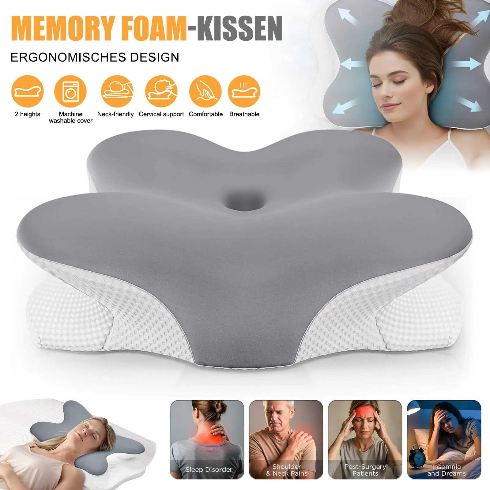 Oreiller ergonomique en mousse à mémoire de forme gris avec housse amovible, design ergonomique, double réglage de la hauteur, deux réglages de hauteur