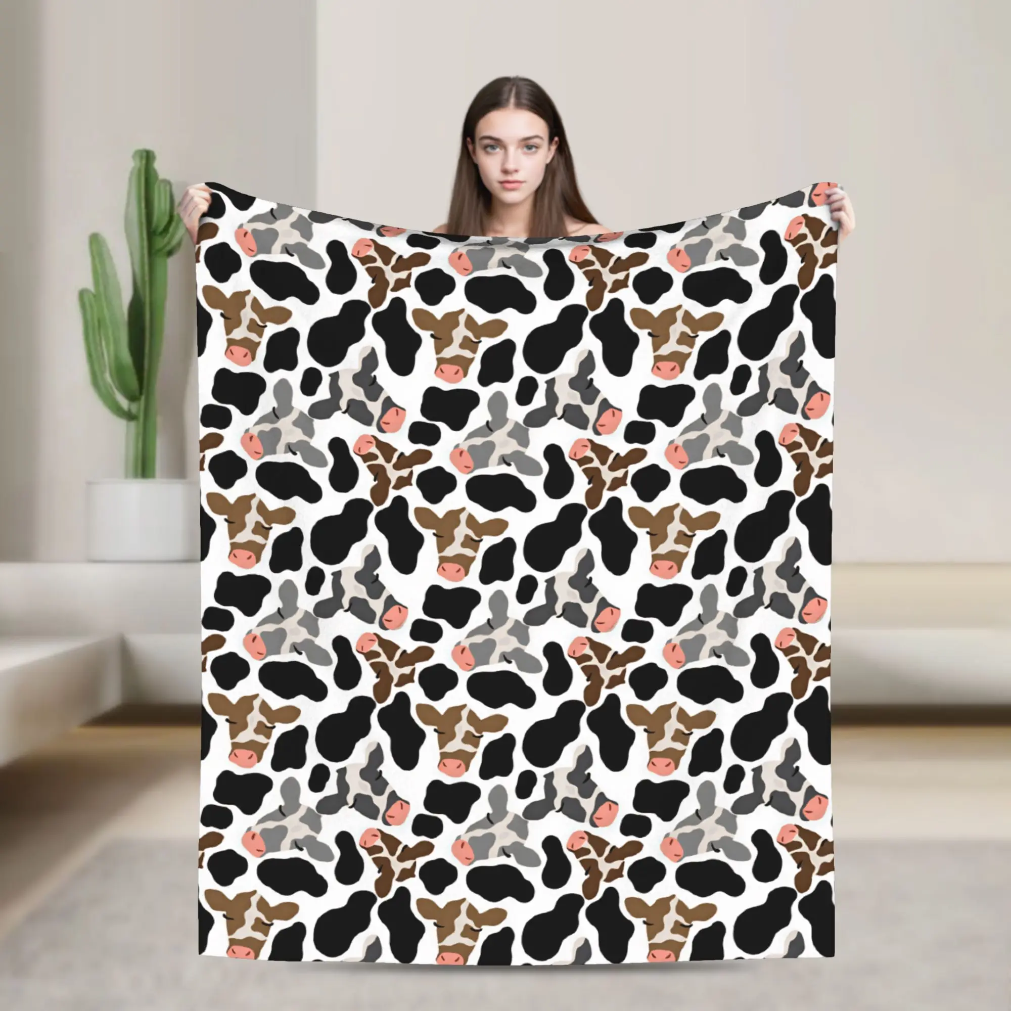 Sleepy Cartoon Cow Head Cow Skin Seamless Pattern Blanket Quality Cozy  Throw Blanket Winter Chair Sofa Bed Pattern Bedspread