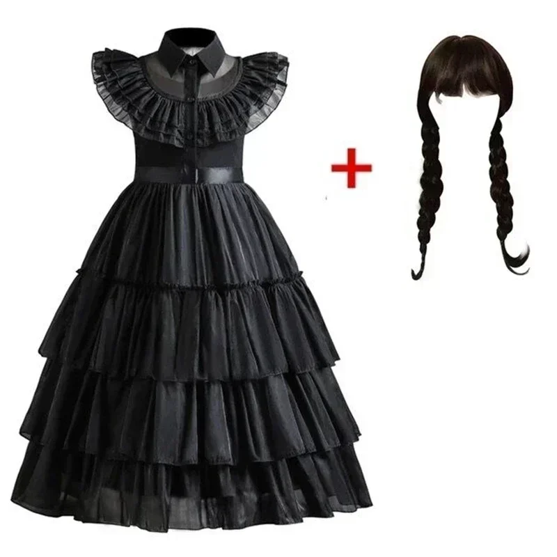 Wednesday Adams Dress Kids Princess Black Wednesday Dance Dress Girl Cosplay Halloween Horror Costume Family Christmas Disguise