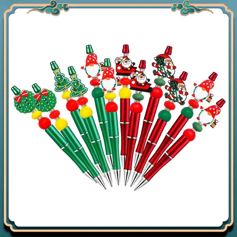 (신규)-크리스마스 구슬 펜, 크리스마스 학교 사무용품을 위한 12개 산타 모양 실리콘 스페이서가 있는 구슬 펜