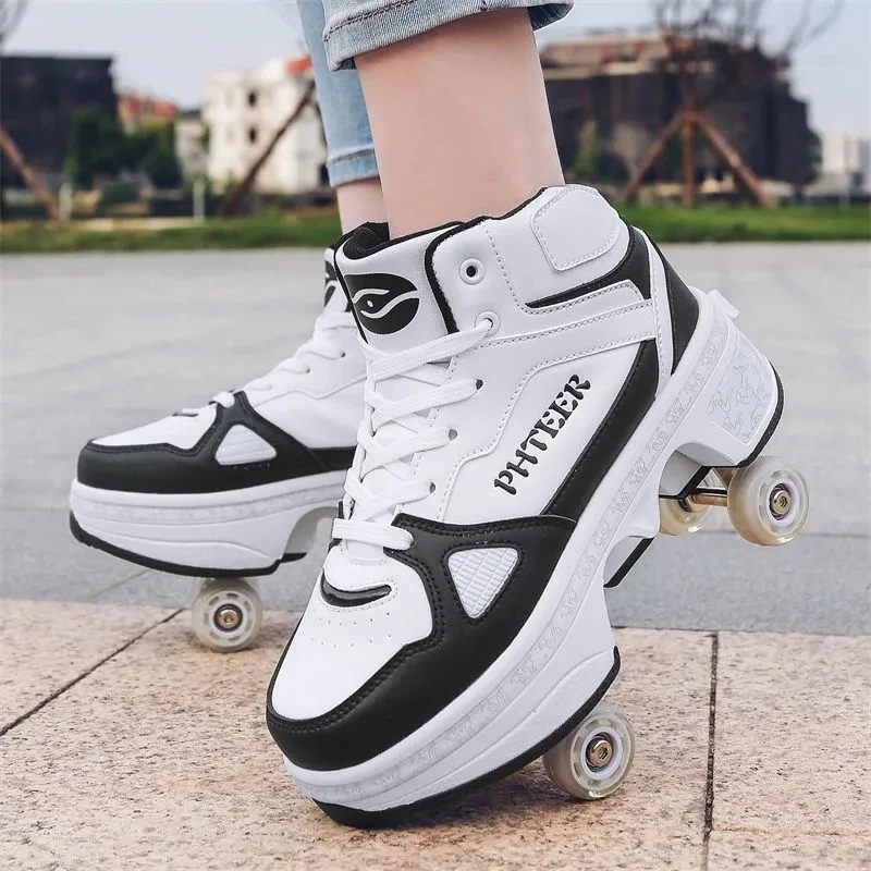 Deformation Roller Skates Skate Shoes 4 Wheels Parkour Sports Shoes Skateboard Shoes Children Adult Men Women Unisex Sneakers