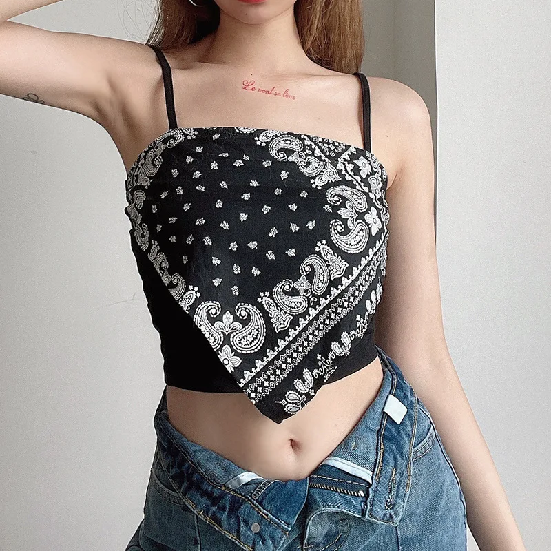 

Spaghetti Strap Womens Tank Tops Y2K Printed Cropped Tops Sexy Slim Sleeveless T-Shirts Korean Harajuku Streetwear Club Tank