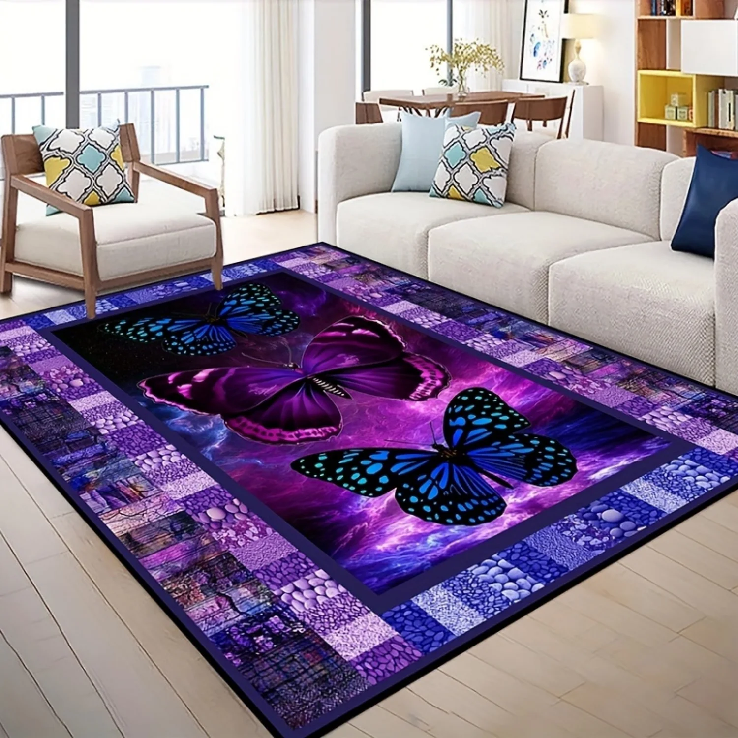 Room Decor Rug, Purple Galaxy Butterfly Patchwork Border Print Area Carpet, Fantasy Insect Art Floor Mat, Plush rug for bedroom, rugs for livingroom, home decor, Rectangle Decor Carpet For Game Room, Bedroom,