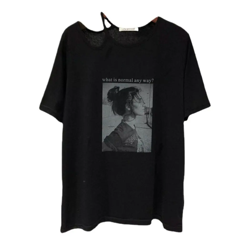 

Women's Short-Sleeved T-Shirt Korean Style Trendy Character Print Loose Top Summer Careful Machine Wash Leaky Collarbone