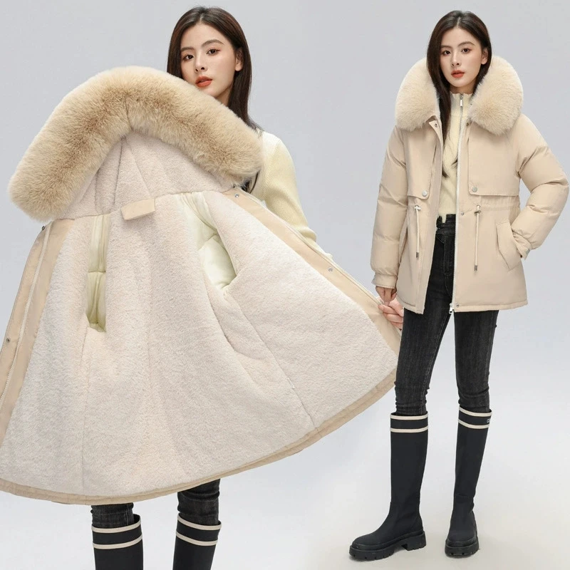 Casaco de inverno 2025 nova jaqueta de algodão grosso feminino médio longo versão coreana gola de pele casaco feminino quente parka