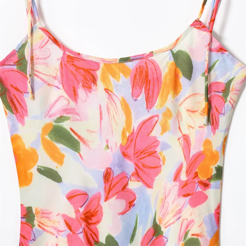 Autumn new women's clothing French retro flower print temperament sleeveless slim fit holiday camisole dress long skirt