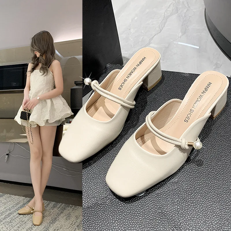 

Baotou Half Slippers Female Summer Outwear 2023 Summer High Heels Korean Version Square Headed Thick Heel Muller High Heel Slipp