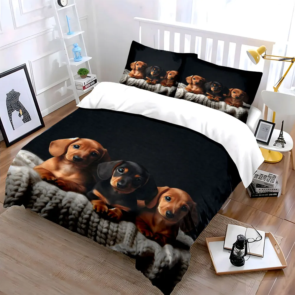 Three adorable dachshunds on a blanket Printed Duvet Cover Set1 Duvet Cover+2 PillowcaseMulti Size Bedroom Bedding Decor