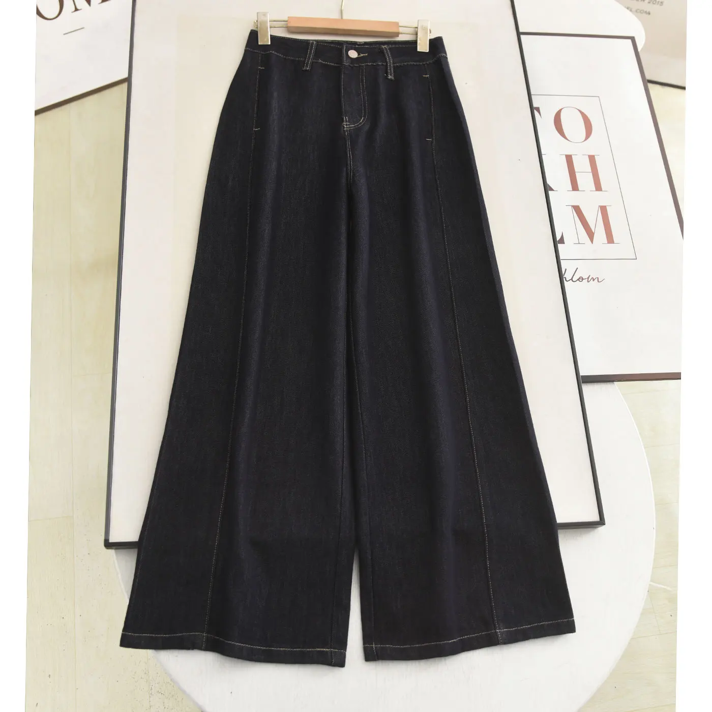 

Джинсы с высокой талией и широкими штанинами, темно-синие, простой стиль, женские, весенняя новинка, модные, стройнящие, универсальные джинсовые брюки от Maixihuan