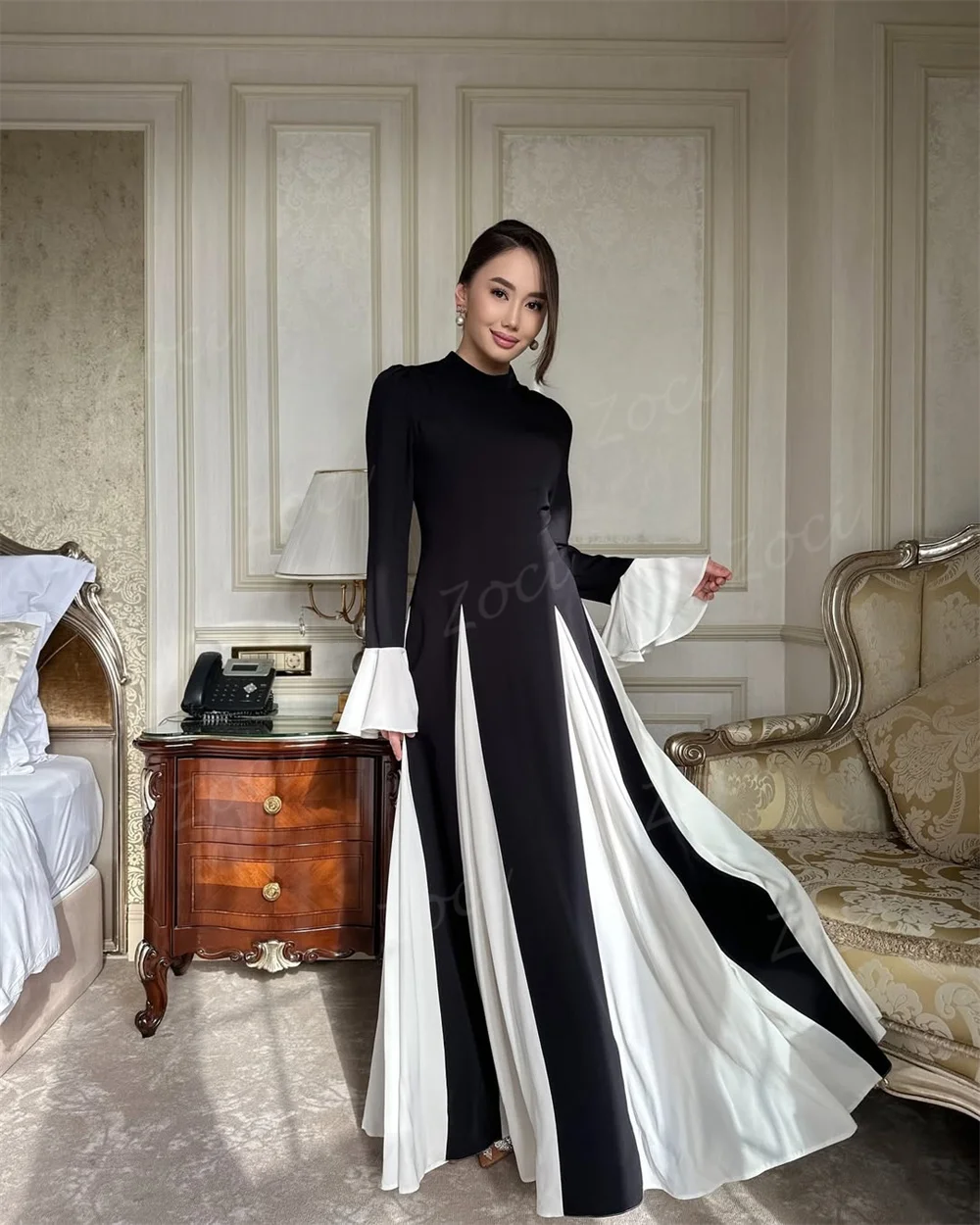 Zoci Modest Long Sleeve A Line Prom Dresses Women Satin Chiffon Prom Gown Customized Contrast Color Outfit Formal Party Dress
