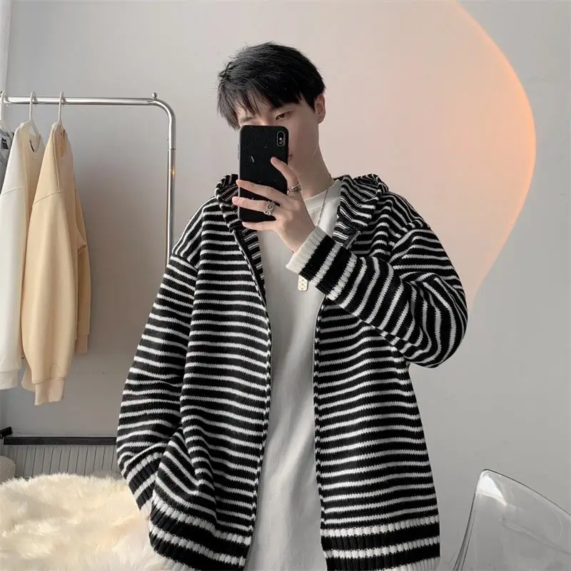 

Korean Style Simple Casual Oversized Hooded Striped Knit Sweater Jacket -Unisex Couple Cardigan for Autumn Winter, Men's Fashion