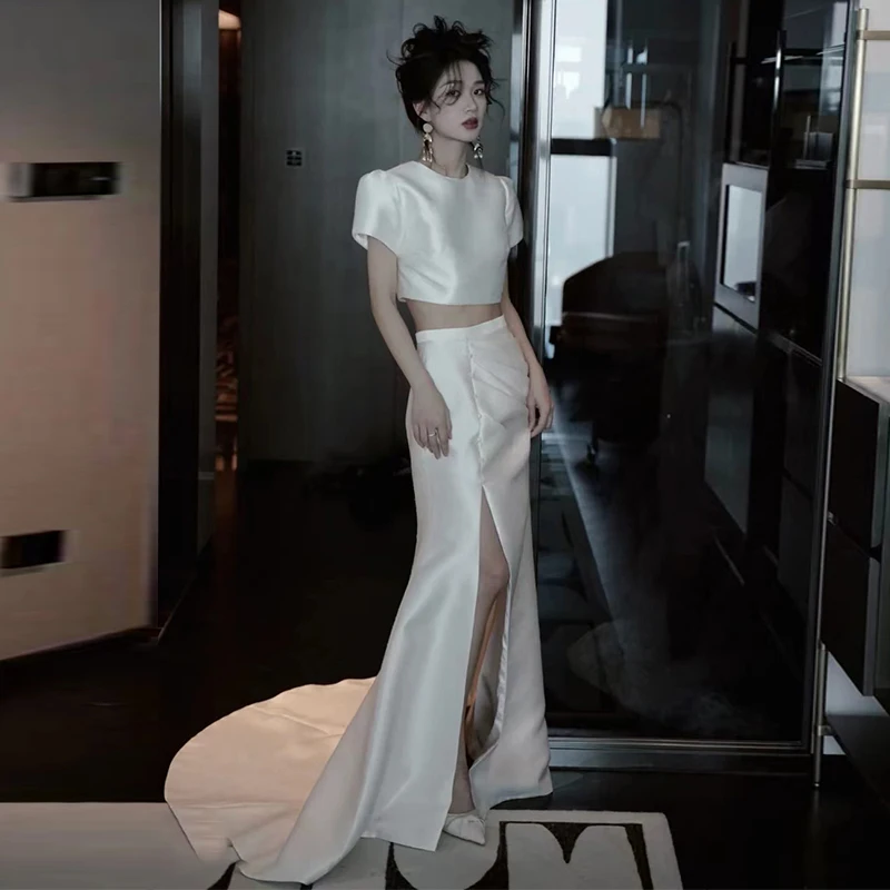 

Silk Satin Light Wedding Dr Simple White Small Size Bride Engagement Vintage Outdoor Ceremony Gown Zipper Fit mid Waist