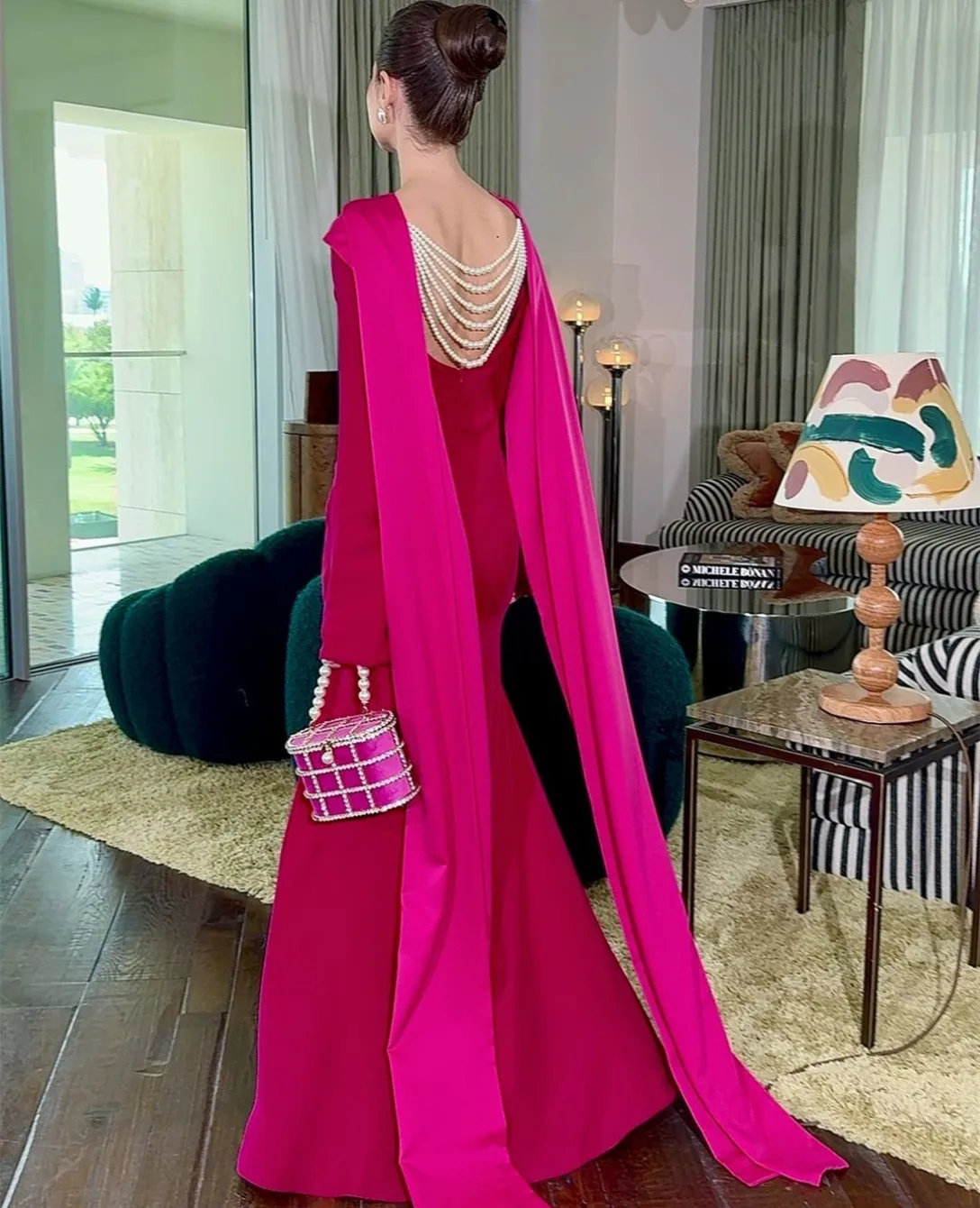 Classy Long Fuchsia Crepe Evening Dresses with Slit/Ribbons فساتين سهرة Sheath Bateau Neck Floor Length Prom Dress for Women