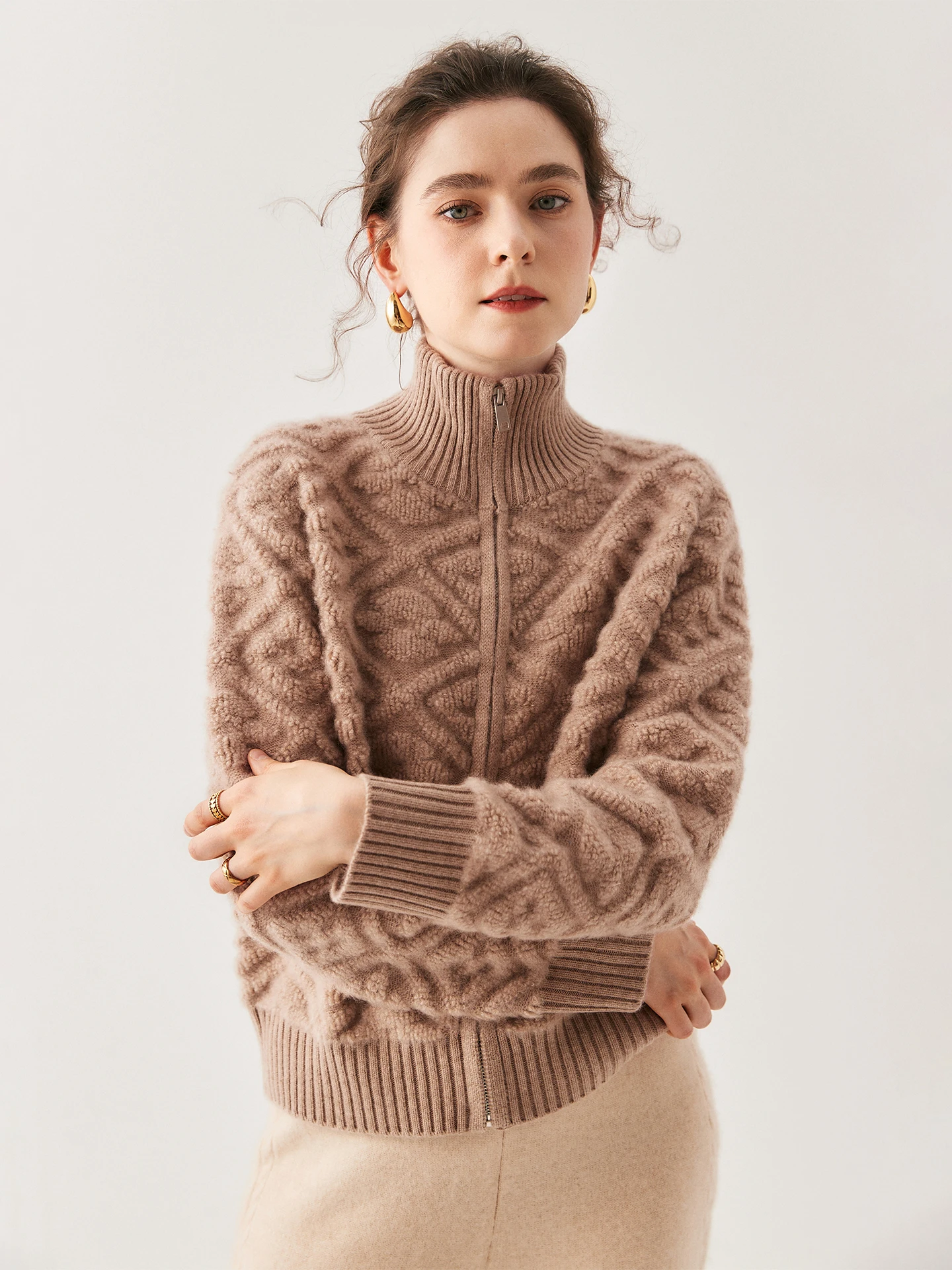 

Женский теплый шерстяной кардиган с высоким воротником на молнии, повседневный модный свитер с вышивкой, свободный крой, верхняя одежда