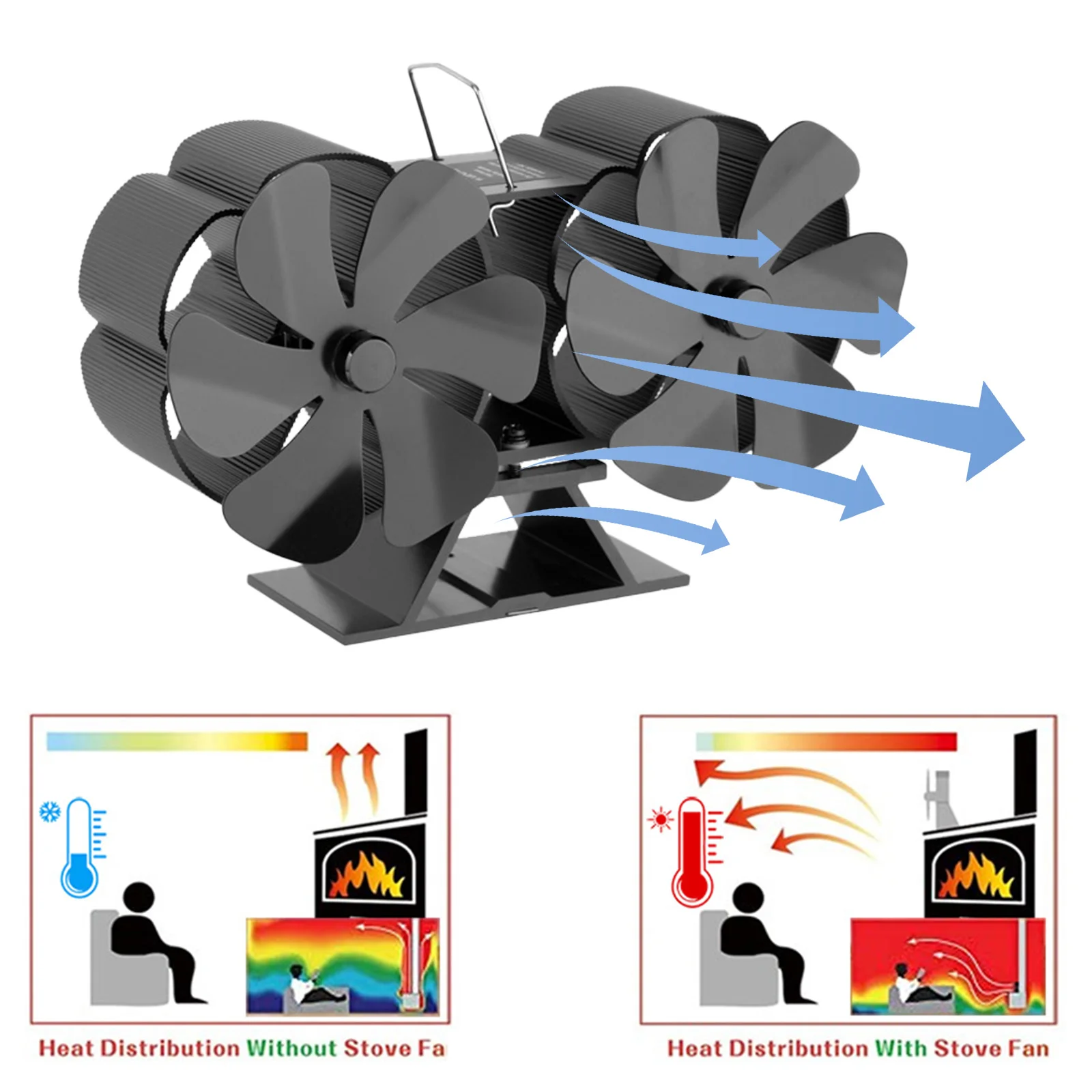 12ブレードの熱暖炉ファン,アルミニウム,黒,ダブルヘッド,エネルギー効率,新着,ストーブ,アクセサリー