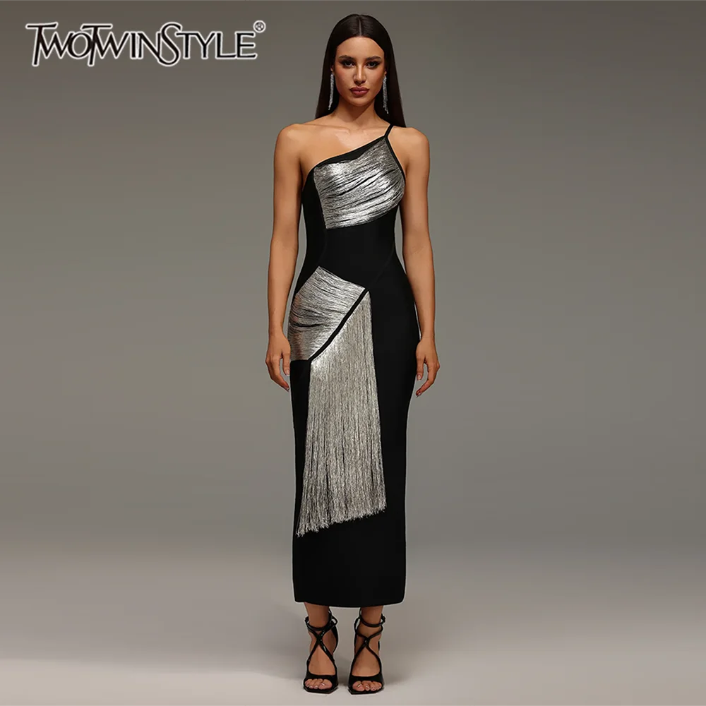

TWOTWINSTYLE Black Slimming Spliced Tassel Dresses for Women Diagonal Collar Sleeveless Elegant Luxury Dress Female Fashion New
