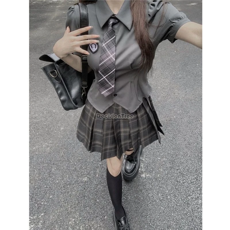 2024 improved korea japanese style fashion sexy women irregular waist design short shirt top +pleated skirt jk uniform set w934