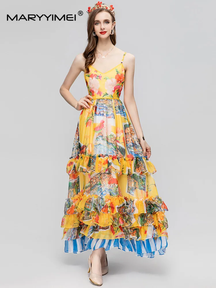 

MARYYIMEI Yellow Sling V-Neck Vintage Print Ruffle Open Back dress 2023 Spring Summer New Holiday Slim Long Dresses