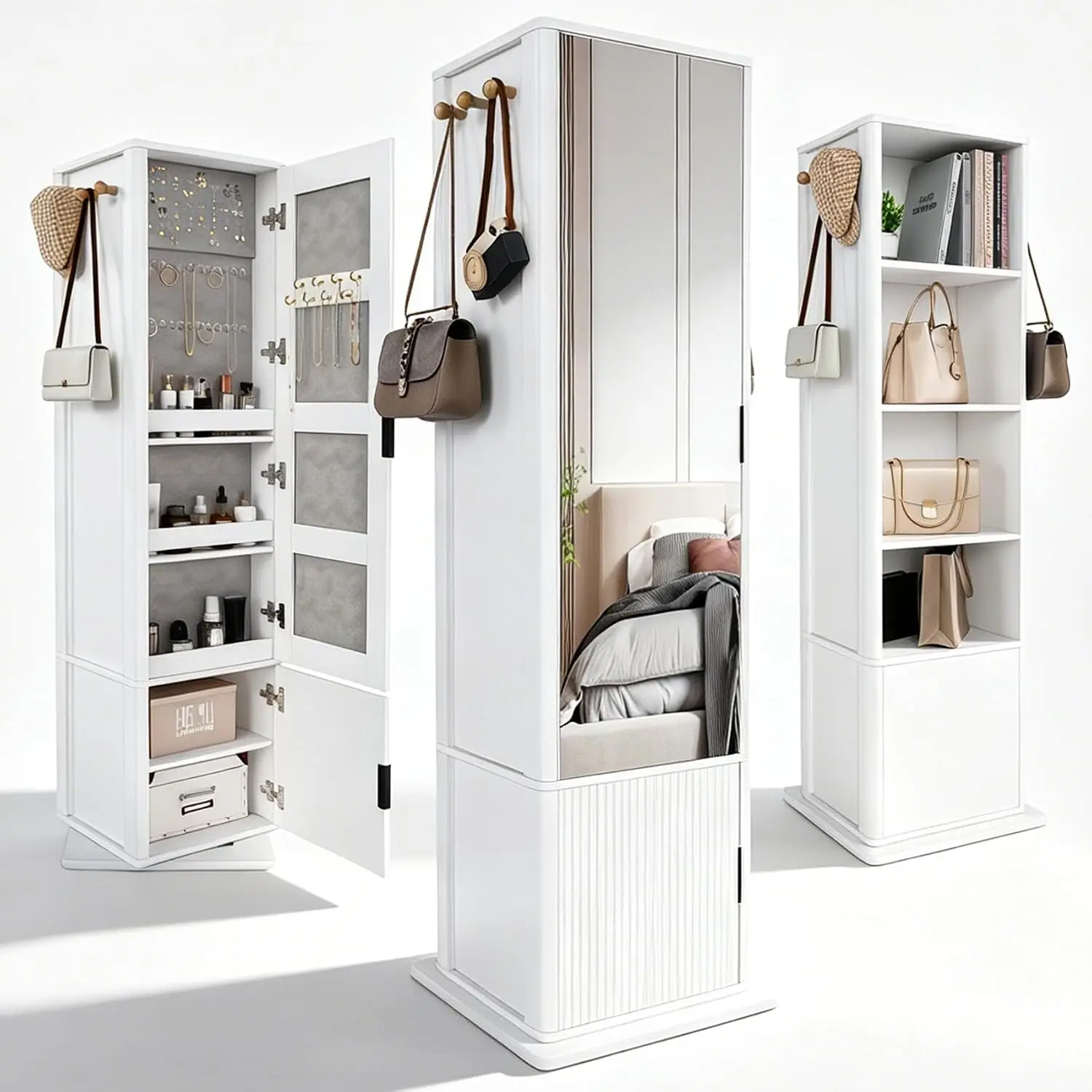 Slim Rotating Mirror with Storage, 360° Rotating Full Length Mirror with Storage, 67" Standing Storage Cabinet with a Coat Rack