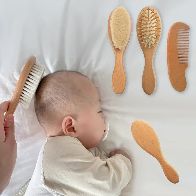 Brosse en bois pour nouveau-né, peigne en laine naturelle, masseur de tête pour bébé, brosse de bain portable pour enfants