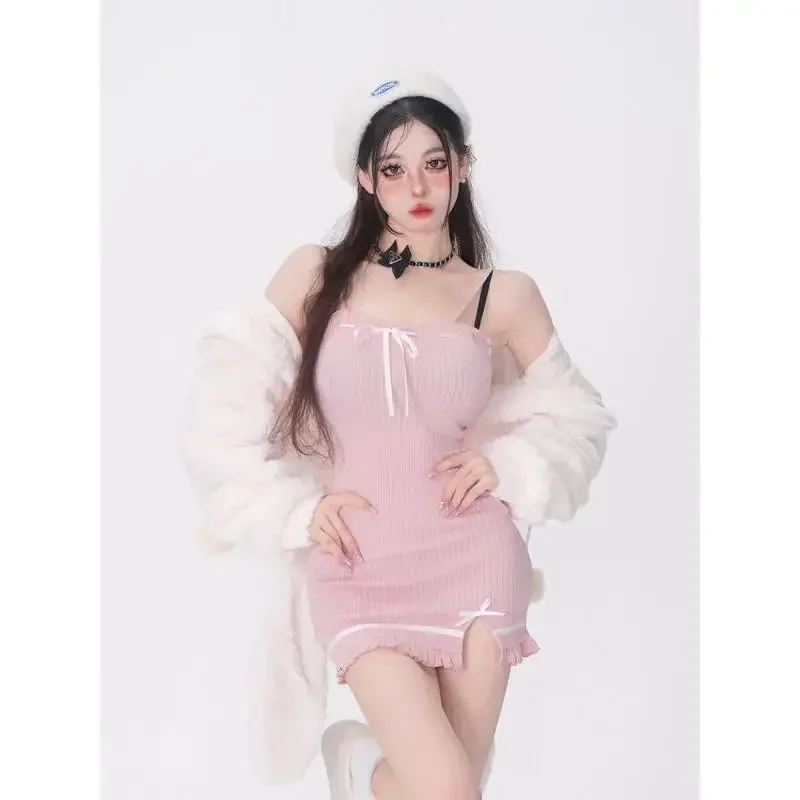 Pink Sweet Kawaii Rabbit Ears Mini Dress Set Womne Slim Dresses Autumn Winter New Kanji Jacket Two-piece Set