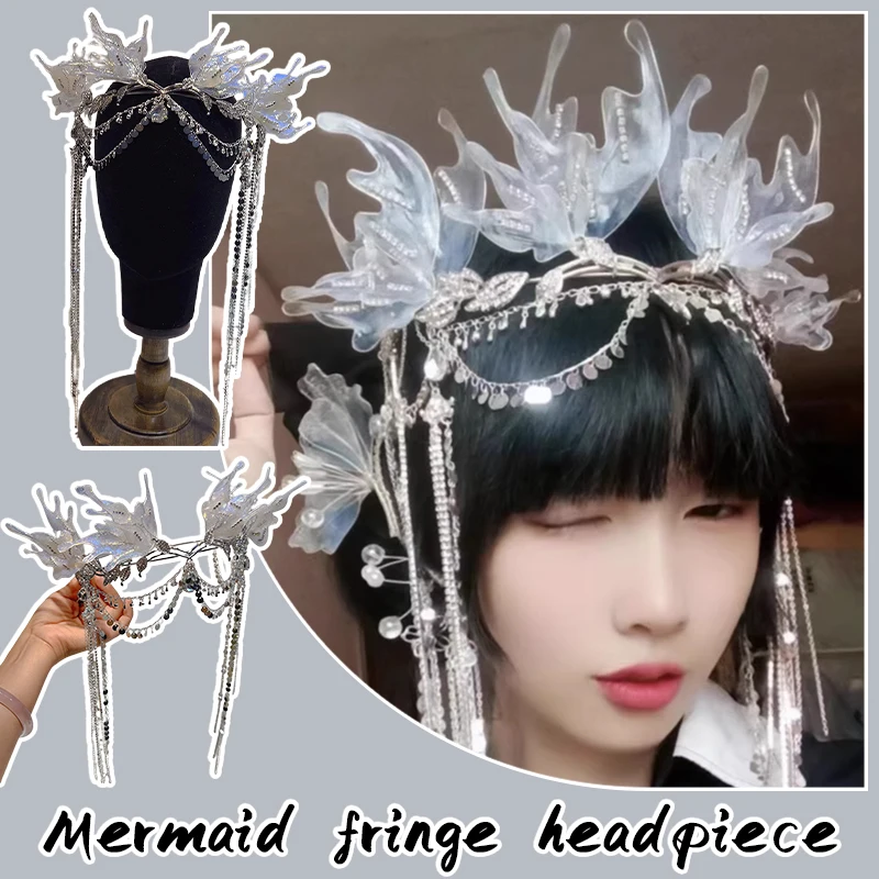 New Mermaid Headband Princess Hair Crown Hanfu Ancient Forehead Decoration Super Fairy Bride Headdress Cosplay Hair Accessories