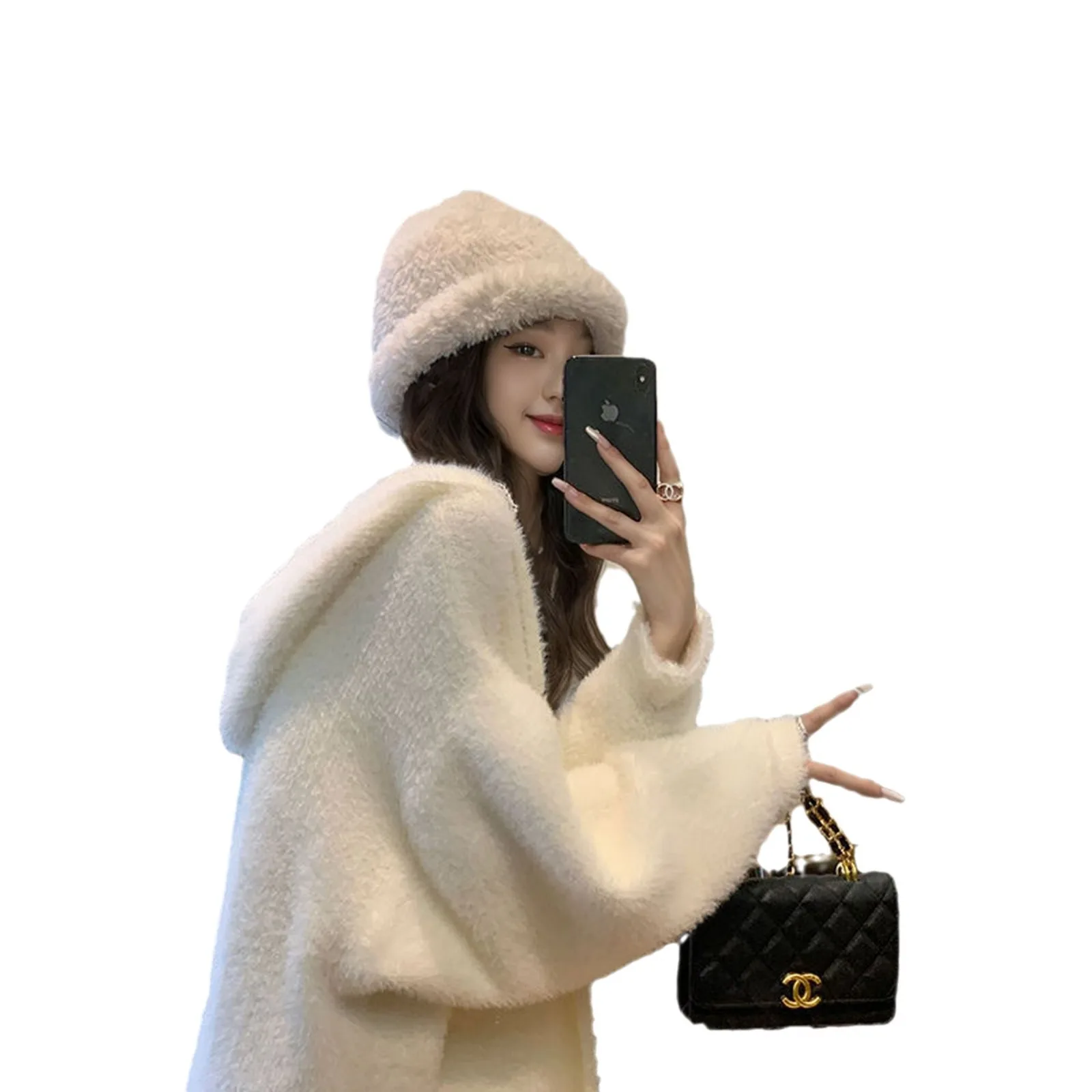 2025 خريف جديد المرأة منتصف إلى طويل كسول سترة سترة مقنعين فو فرو المنك سترة مشغولة من الصوف #6