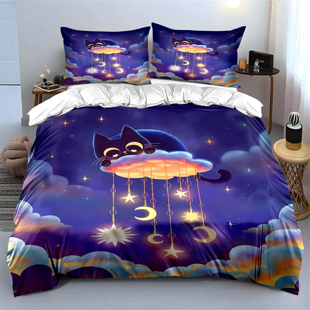 Cat on cloud with stars Print Bedding set 3PC 1 duvet cover 2 pillowcases adult and children bedding set Luxury