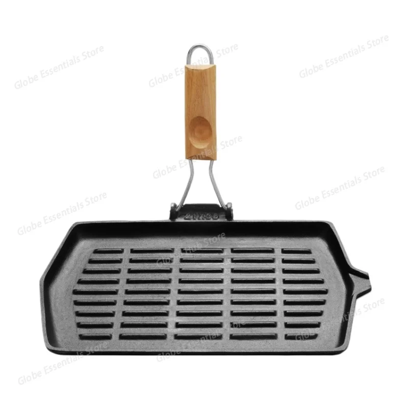35X21cm Cast Iron Grill Pan with Handle Steak Pan for Induction Cooker Frying Pan for Outdoor Hiking Picnic Cooking