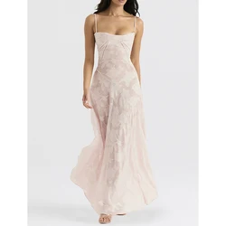 Sexy Evening Women's Summer Long Dress Beach Party Maxi Dresses Lace Hollow Out Big Swing Backless Pink Holiday Vestidos Платье