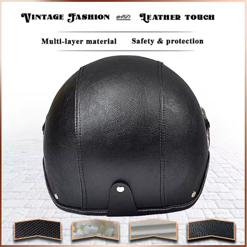High Quality AD Factory Retro Motorcycle Helmets With Black Visor Leather Helmet Electric Motorbike Vintage Sunshade Safety Cap