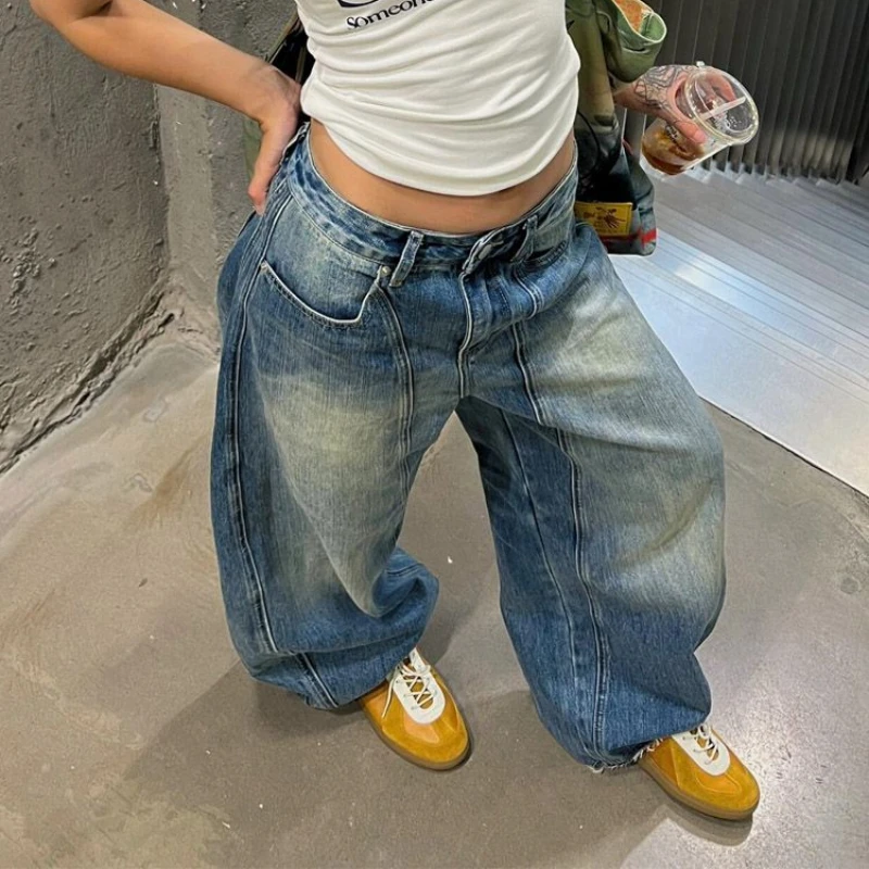 Deeptown Vintage Oversized Blue Jeans Woman Y2k Casual America Retro Baggy Denim Pants Basic Harajuku Wide Leg Trousers Summer