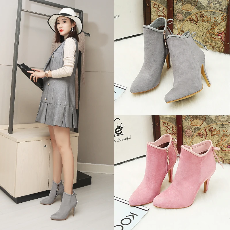 2023new autumn winter Women ankle boots plus size 22-27CM flock upper side zip modern boots high heel butterfly knot short boots