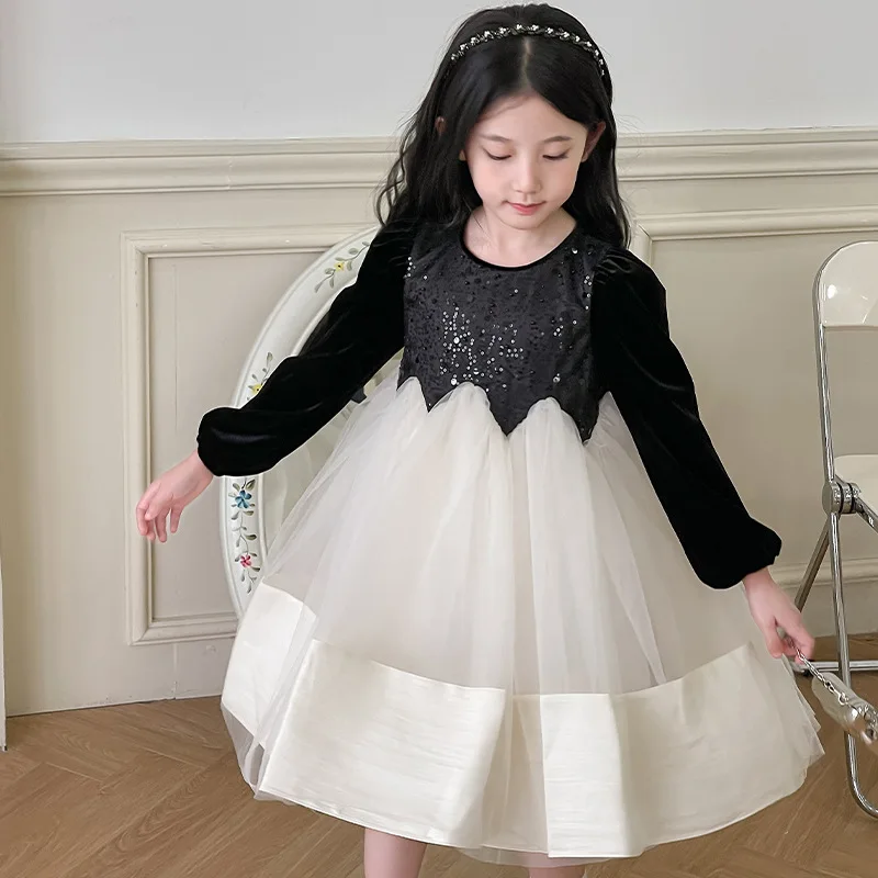 Girl Dress Autumn Girl Velvet Sequin Ball Gown Dress Clothes Children Birthday Christmas Party Dress Girl Princess Wedding Dress