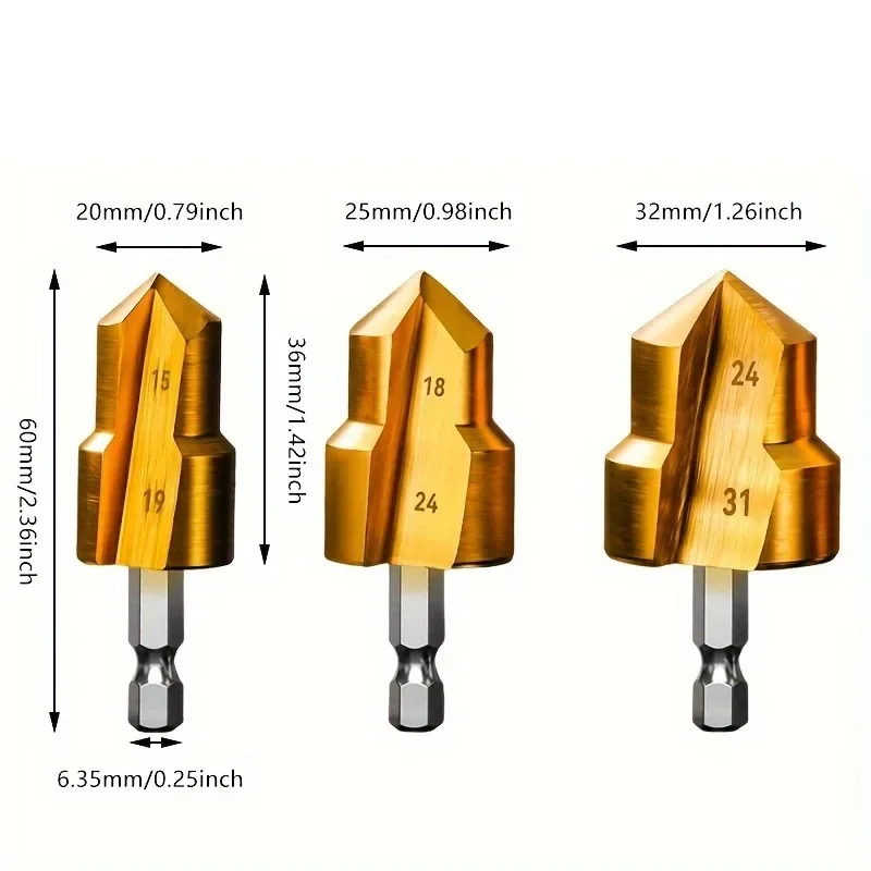 

3Pcs PPR Lifting Bit, 20/25/32mm Titanium Step Drill Bit Set Hex Shank Hole Opener Tools, Drill Bits for Water Pipe Reaming