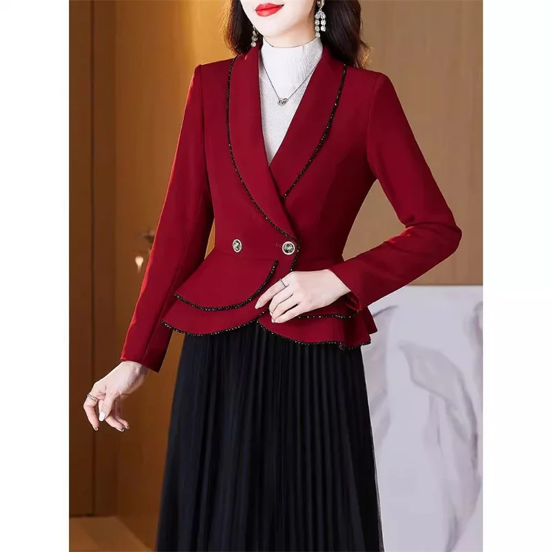 Chaqueta de traje corta para mujer, Blazer ajustado con una sola hebilla, diseño rojo vino, elegante, primavera y otoño, 2024