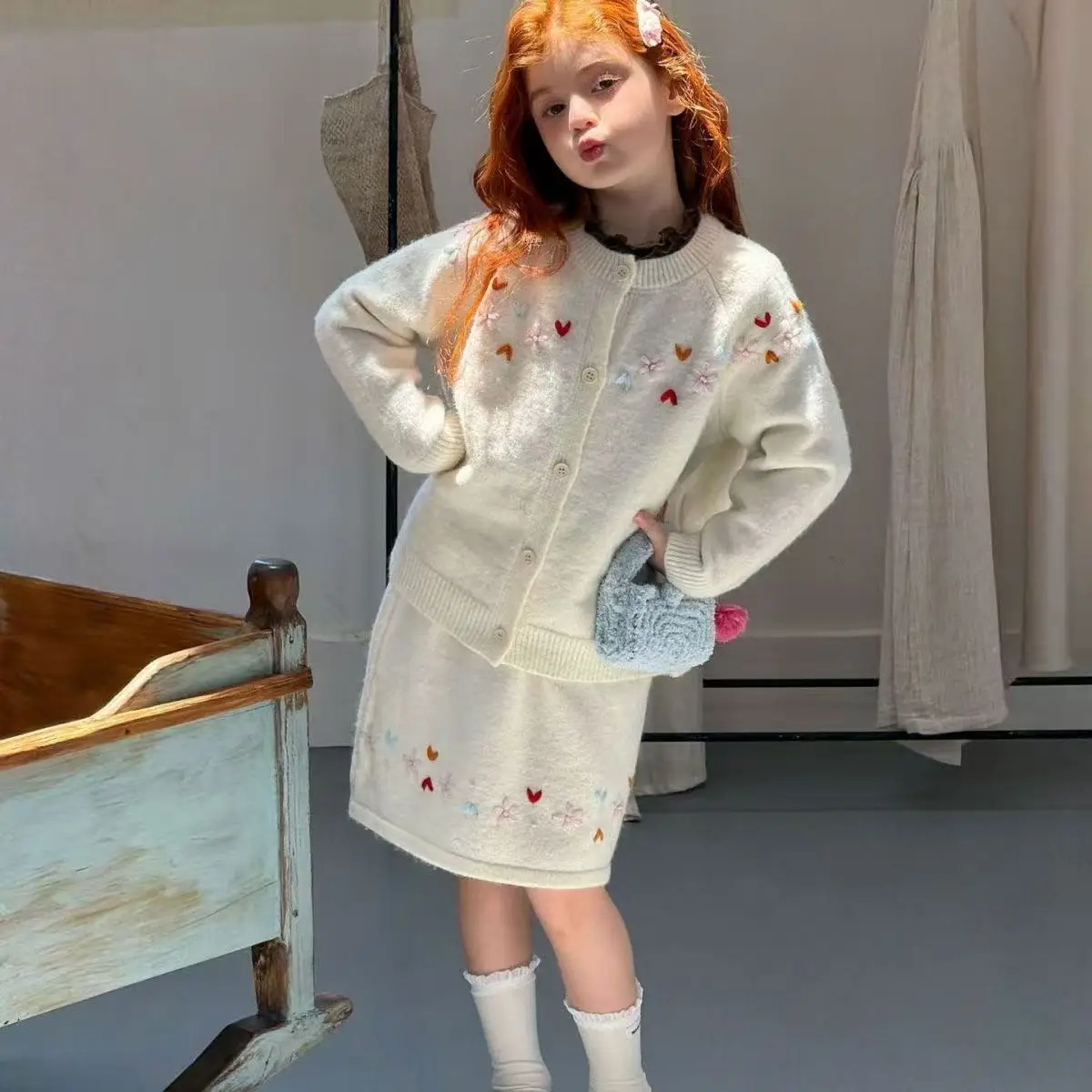 Girls Autumn Winter 2Pcs Outfit Heavy Floral Embroidery Knit Cardigan + Skirt Thick Countryside Kids Suit