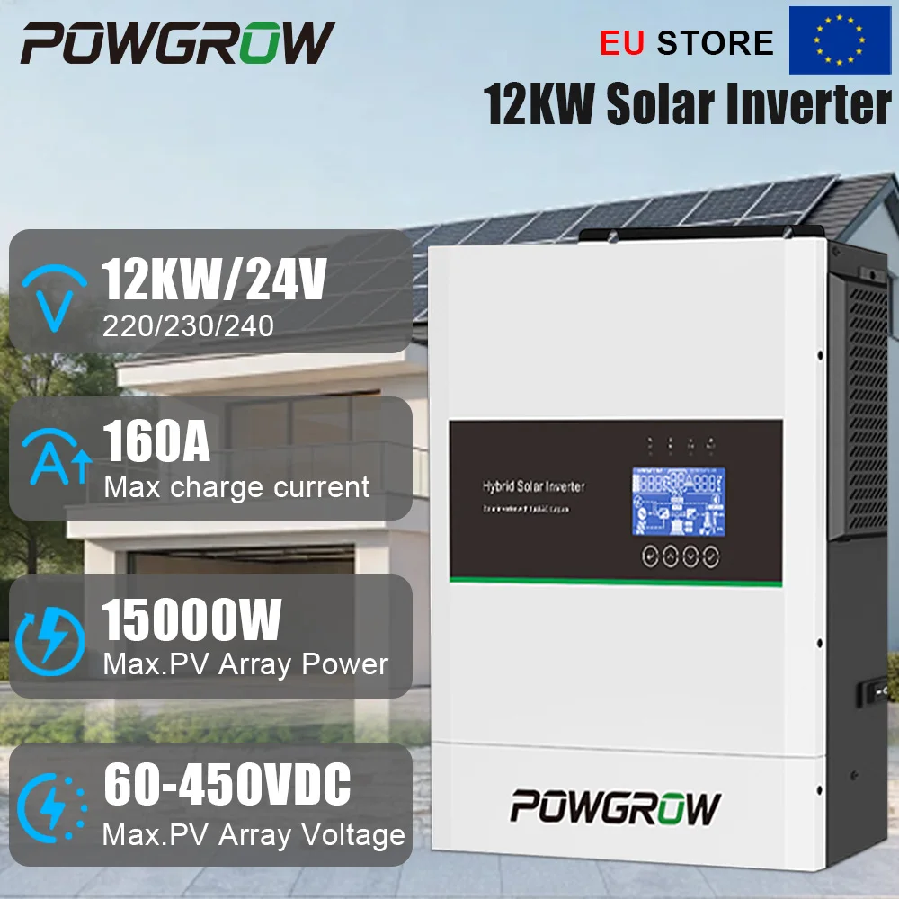POWGROW 12000W Off Grid Inverter Dubbele MPPT 48V 60-450V 15000W Zonne-energie 160A Batterijlader 24KW Piekstroom 20ms Gen Modus Werk Zonder Batterij Thuisgebruik