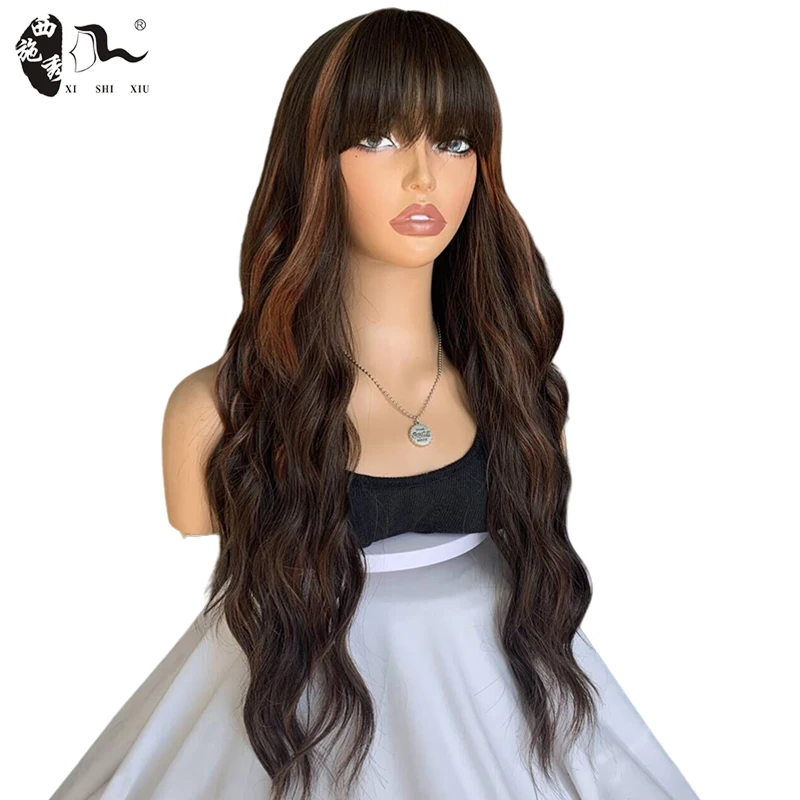 Long Natural Wave Hair Synthetic Wig With Bangs For Women Mixed Brown Hallowee Heat Resistant Fibre Natural Looking Cosplay Wigs