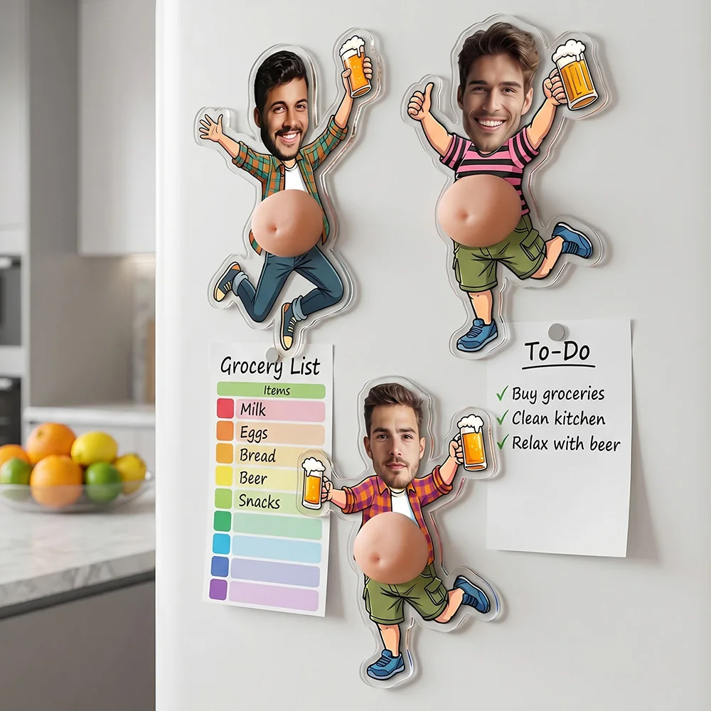 Personalized Funny Beer Belly Magnet, Custom Face Photo Acrylic Fridge Decoration with Squishy Belly, Gag Gift