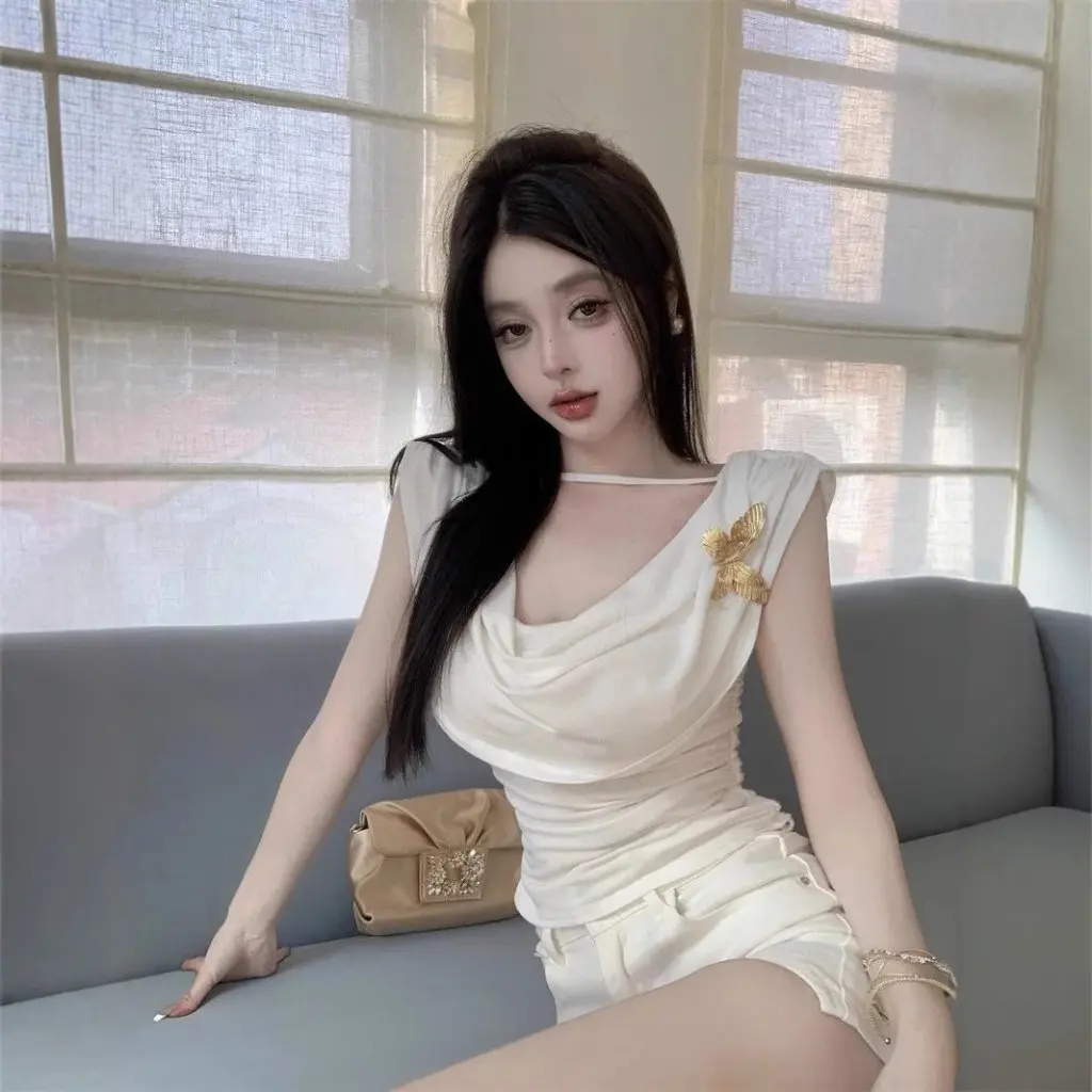 

Женская белая футболка без рукавов с откидным воротником-бабочкой, летний милый облегающий топ с открытой спиной во французском стиле