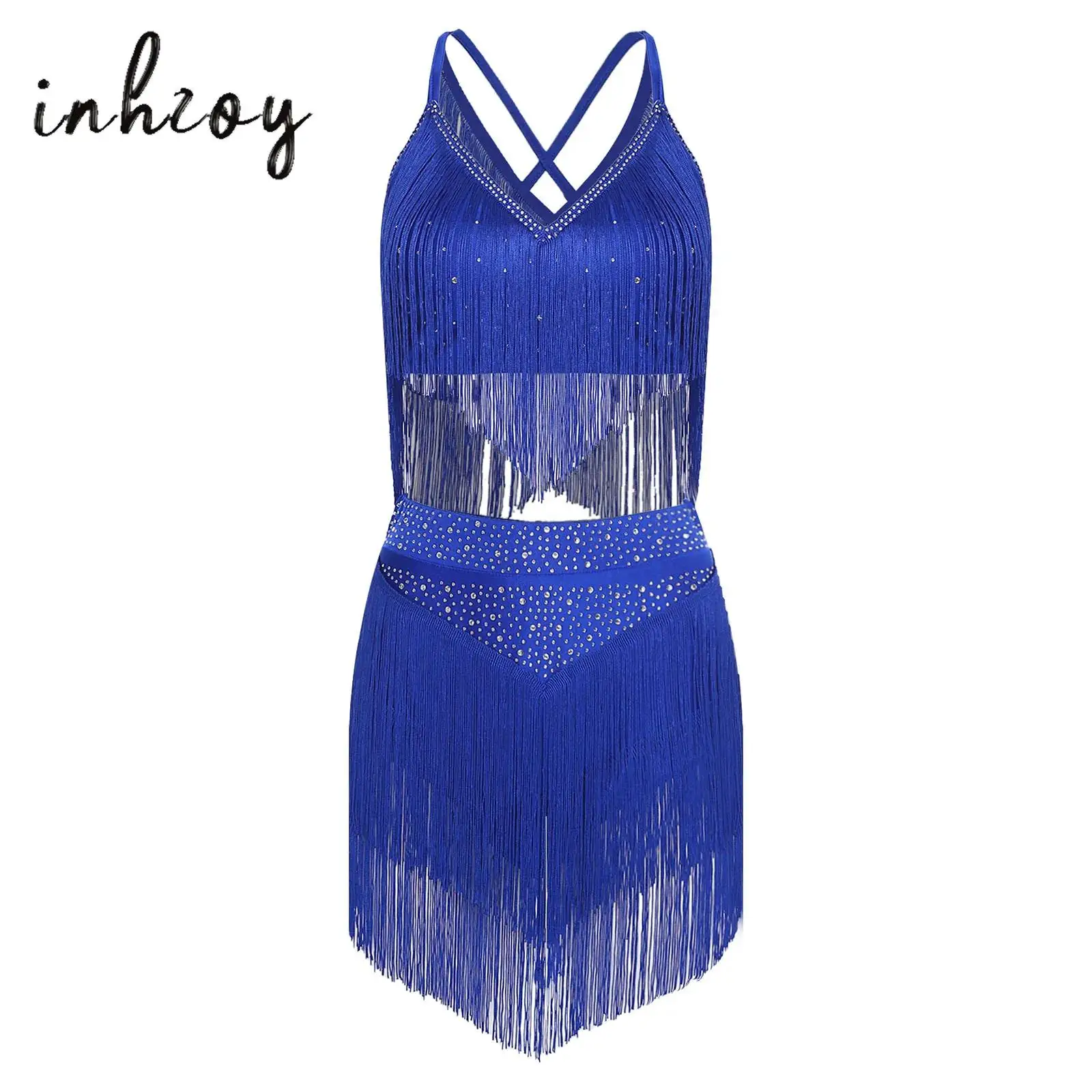 

2Pcs Women Salsa Latin Dance Costumes Tango Dancewear V-Neck Sleeveless Crisscross Back Fringe Crop Top + Tiered Tassels Skirt
