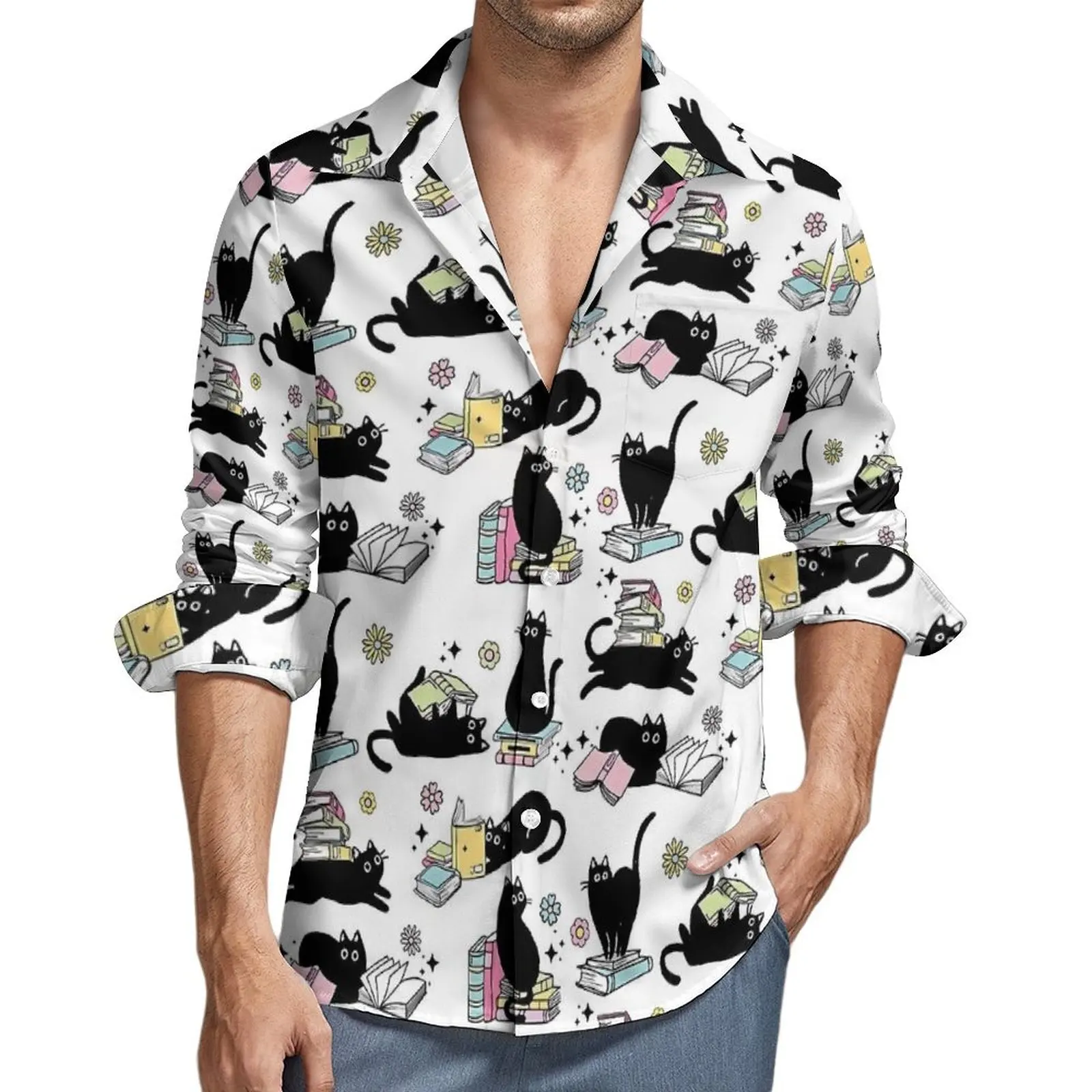 Men's Shirt Library Cat Casual Shirts Long Sleeve Black Cats and Books Comfortable Blouses Spring Cool Pattern Oversized Top