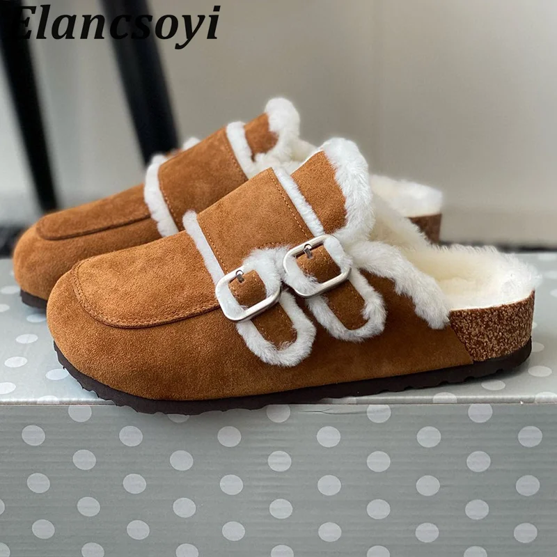 

Autumn Winter Fur One-Piece Flat Heel Thick Sole Lazy Mules Women's Closed Toe Wool Lined Warm Slippers Mary Jane Half Slippers