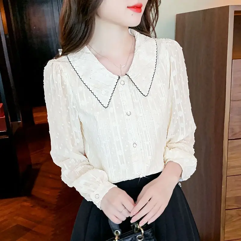 Sweet Peter Pan Collar Button Lace Gauze Shirts Women Clothing 2023 Autumn Loose Office Lady Tops Sweet Blouses