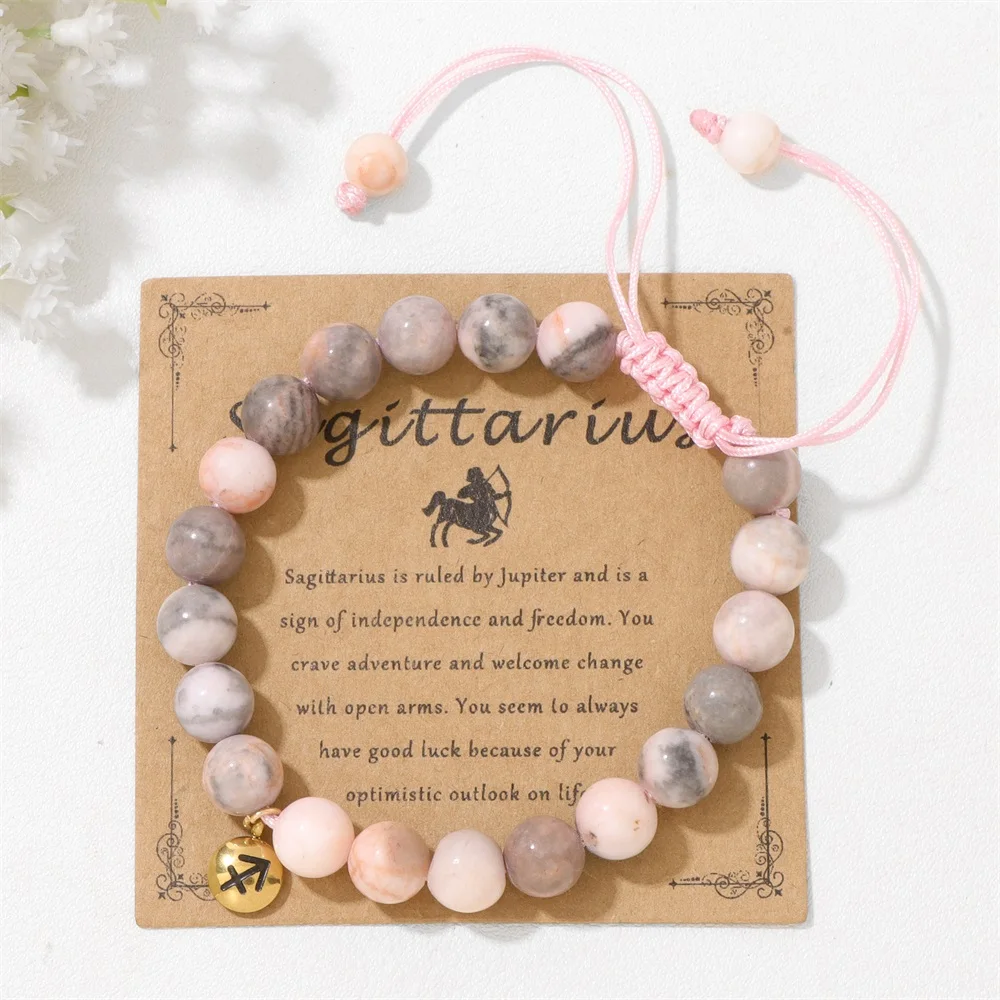 الميزان الوردي زيبرا حجر الخرز سوار 12 زودياك كوكبة علامات سحر أساور مجدولة للنساء هدية عيد ميلاد مجوهرات