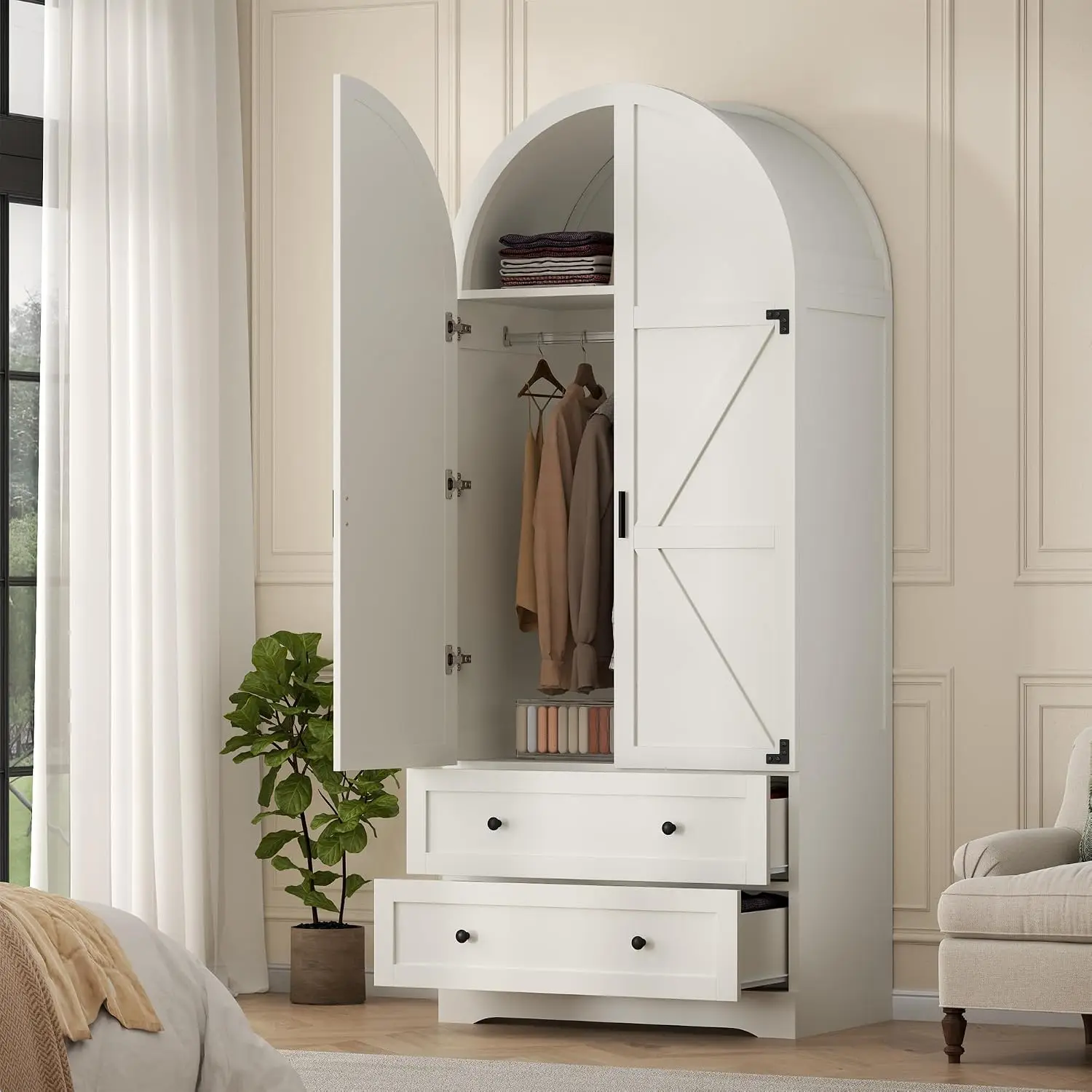 White Wooden Wardrobe with 2 Doors & 2 Drawers,Freestanding Bedroom Armoire with Hanging Rack & Strong Door Closure,Customized